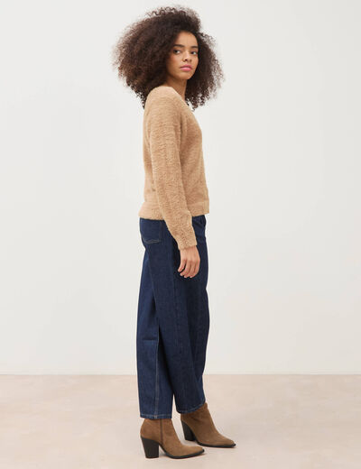 Pull droit col v manches longues camel femme