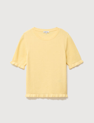 Pull droit col rond manches courtes jaune clair femme