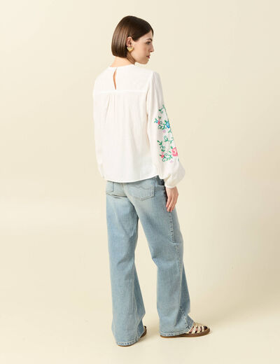 Chemise bord&eacute;e en coton manches longues ecru femme