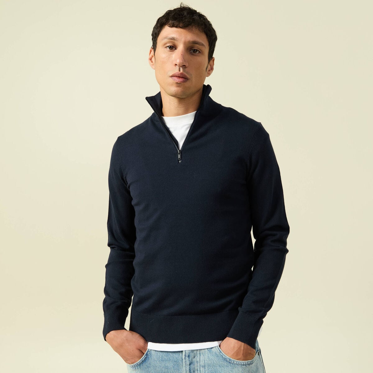 Pull fin col camionneur manches longues bleu marine homme