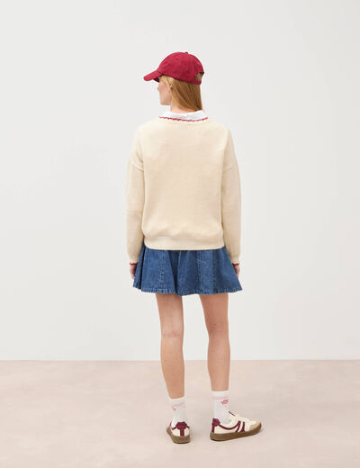 Pull droit manches longues col rond ecru femme