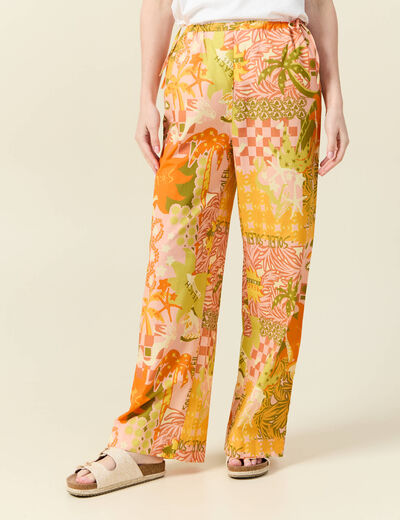 Pantalon large taille haute en coton orange corail femme