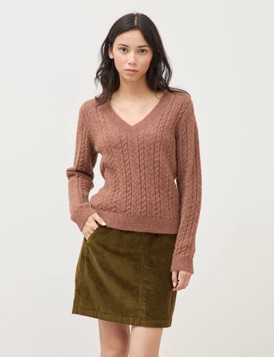 Pull droit col v manches longues marron clair femme