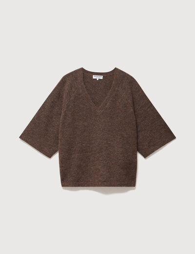 Pull droit court col v manches courtes marron femme