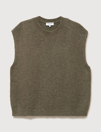 Pull droit court sans manches col rond vert olive femme