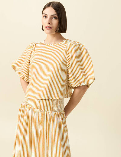 Blouse droite courte manches coude beige moyen femme
