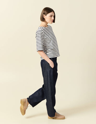 T-shirt ray&eacute; col bateau manches courtes ecru femme