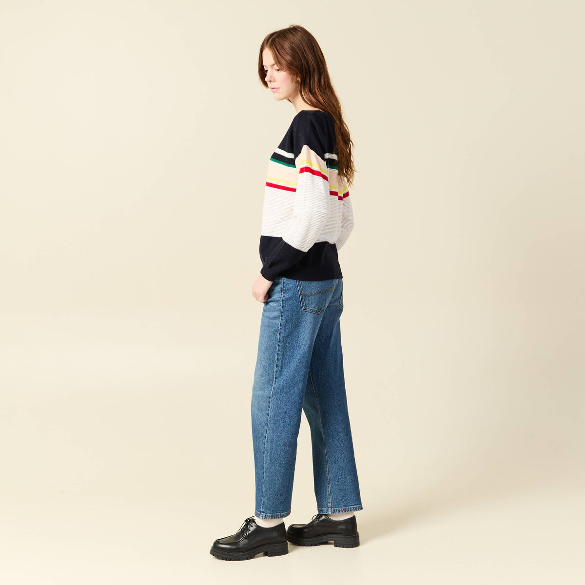 Pull col bateau manches longues en coton bleu marine femme
