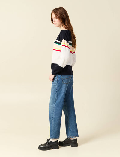 Pull col bateau manches longues en coton bleu marine femme