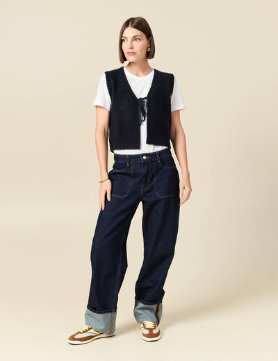 Gilet sherpa droit sans manches bleu marine femme