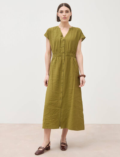 Robe fluide col v manches courtes vert kaki femme