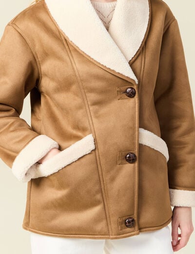 Manteau suédine col châle marron femme