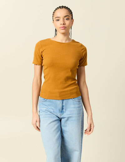 T-shirt manches courtes c&ocirc;tel&eacute; camel femme