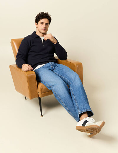 Pull manches longues col polo bleu marine homme