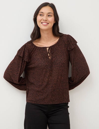 Blouse droite manches longues col rond marron chocolat femme