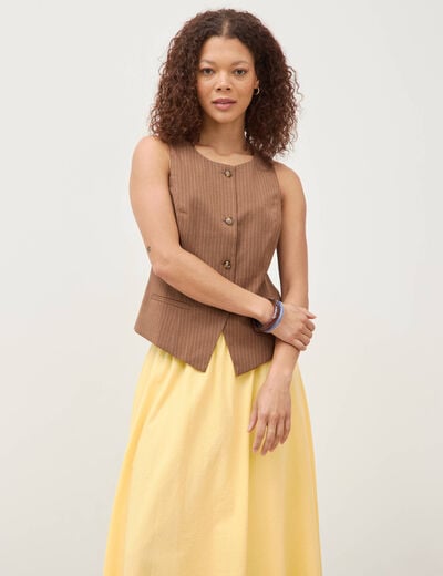 Gilet sans manches col rond doubl&eacute; marron femme