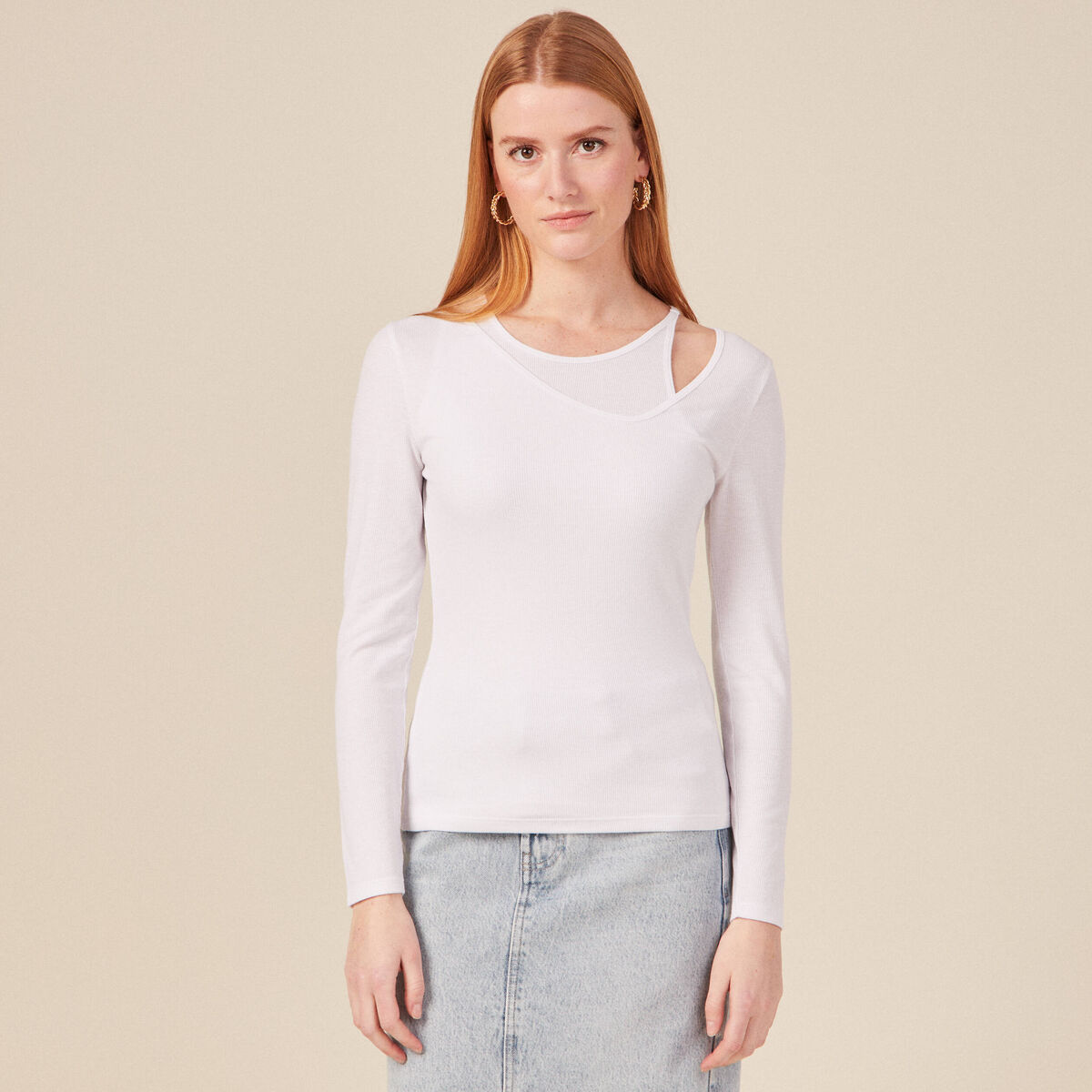 T-shirt ajust&eacute; d&eacute;collet&eacute; manches longues blanc femme