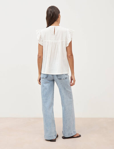 Top col rond manches courtes en coton ecru femme