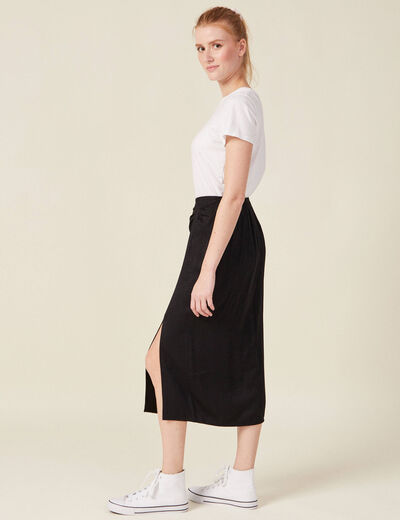 Jupe midi droite fendue satin noir femme