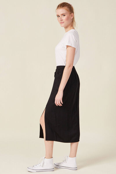 Jupe midi droite fendue satin noir femme