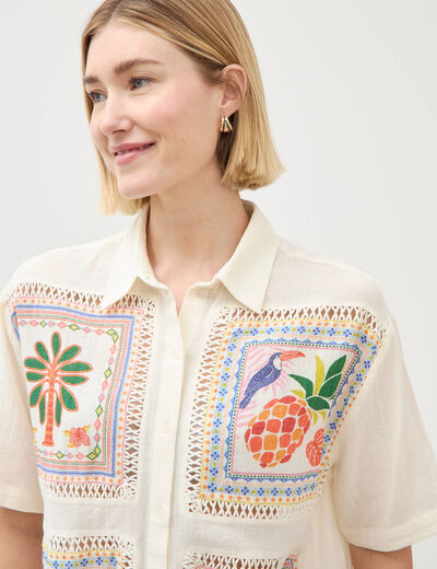Chemise ample brod&eacute;e manches courtes blanc femme