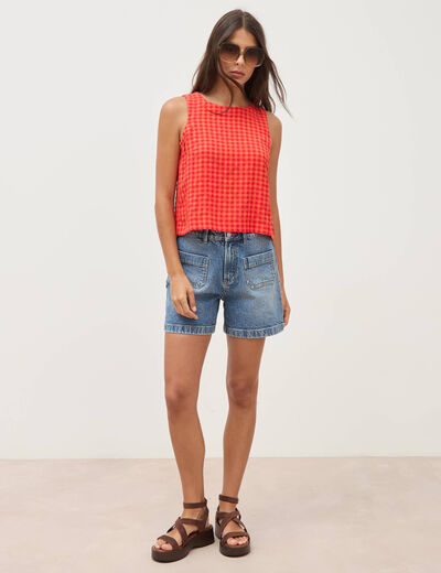 Blouse vichy droite cropped sans manches orange fonc&eacute; femme