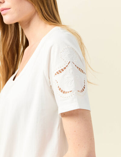 T-shirt manches courtes brodé ecru femme