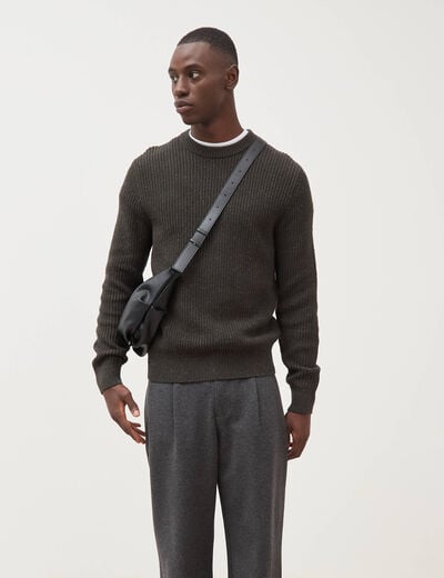 Pull col rond manches longues en coton vert kaki homme