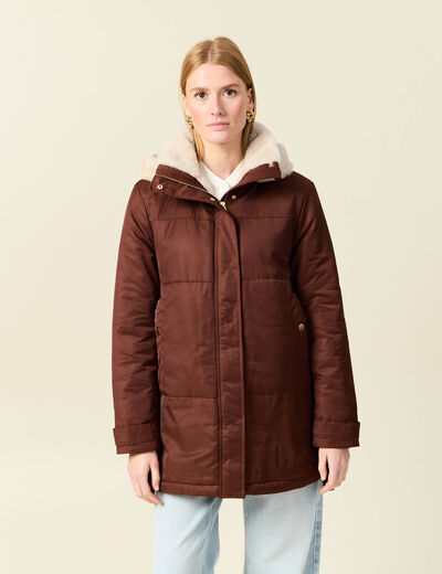 Parka droite &agrave; capuche marron fonc&eacute; femme