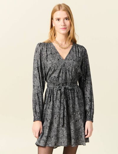 Robe droite courte col v manches longues noir femme