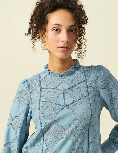 Blouse cintr&eacute;e dentelle manches longues gris femme