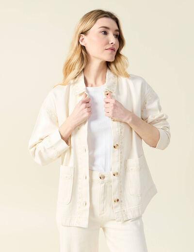 Blouson boutonné brodé denim blanc femme