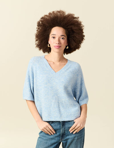 Pull col v manches 3/4 bleu ciel femme