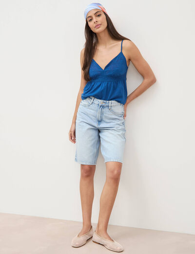 Bermuda large taille haute en coton denim bleach femme