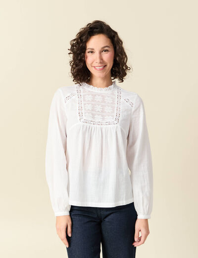 Chemise col montant manches longues ecru femme