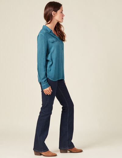 Blouse manches longues poches bleu pétrole femme