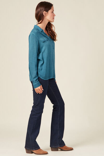 Blouse manches longues poches bleu pétrole femme