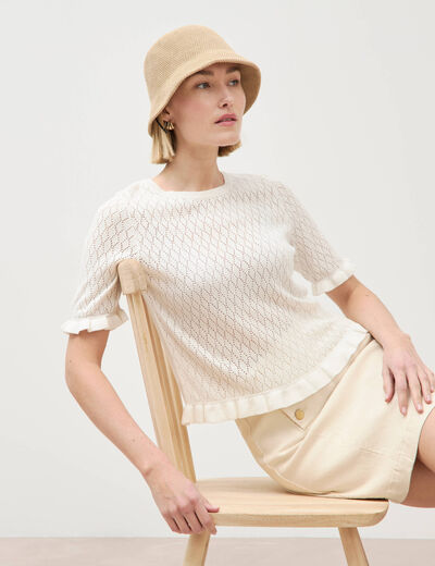 Pull ajour&eacute; droit manches courtes ecru femme