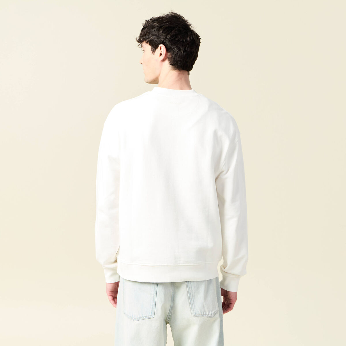Sweat col rond manches longues en coton ecru homme