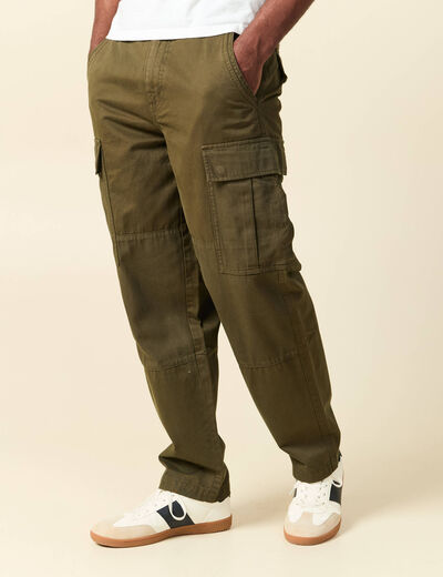Pantalon cargo battle bi-mati&egrave;re coton vert kaki homme