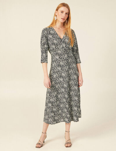 Robe midi droite manches 3/4 noir femme