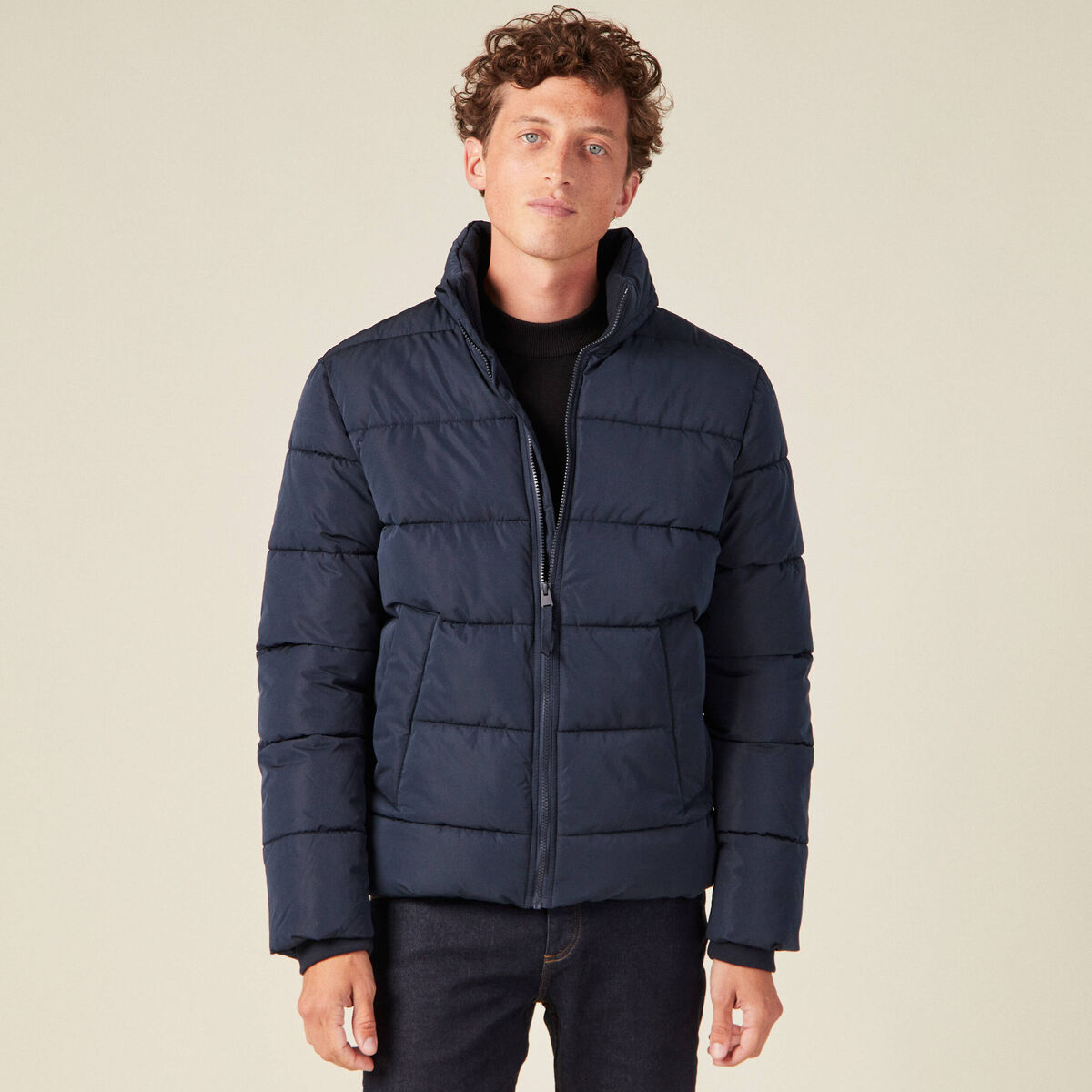 Doudoune droite zipp&eacute;e bleu marine homme