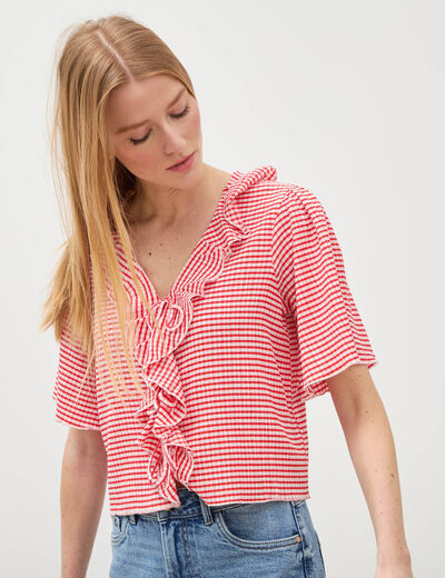 T-shirt col V &agrave; volants manches courtes rouge fonc&eacute; femme