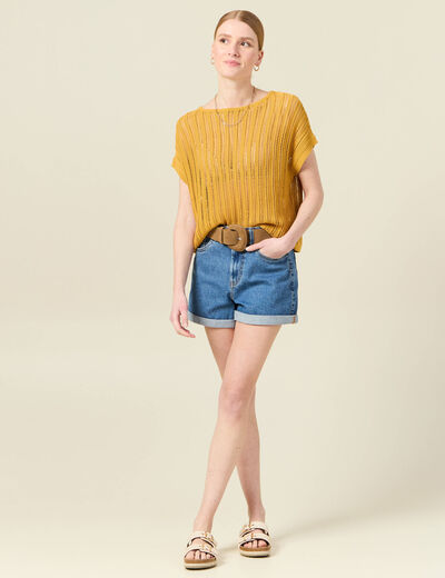 Pull oversize ajour&eacute; col bateau jaune femme