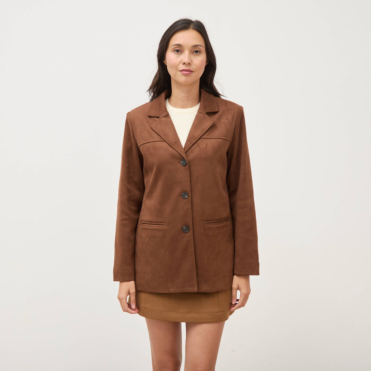 Blazer col tailleur manches longues marron fonc&eacute; femme