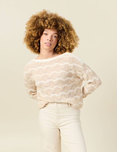 Pull manches longues ajouré creme femme