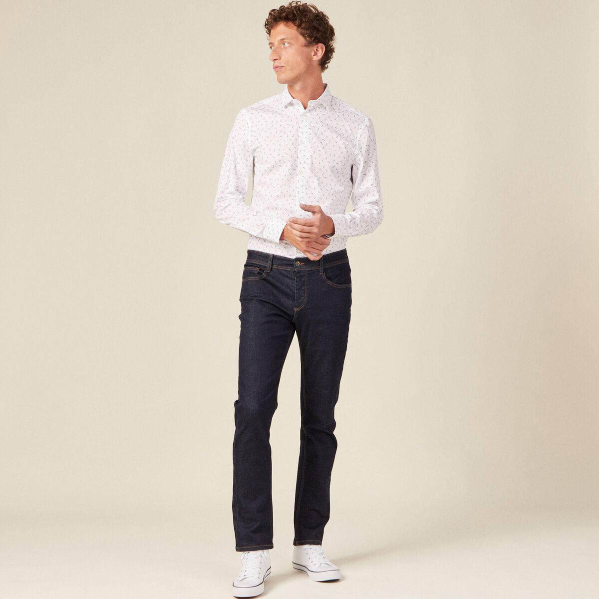 Chemise cintr&eacute;e en coton manches longues blanc homme