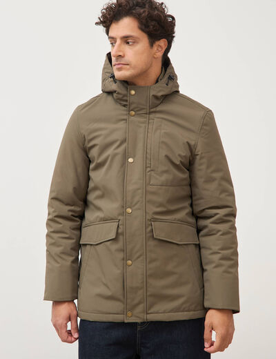 Parka longue droite &agrave; capuche taupe homme