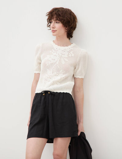 Pull ajour&eacute; droit court manches courtes creme femme