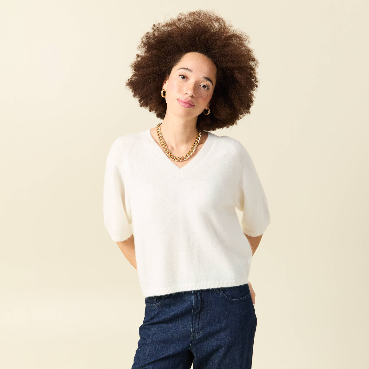Pull col v manches 3/4 ecru femme